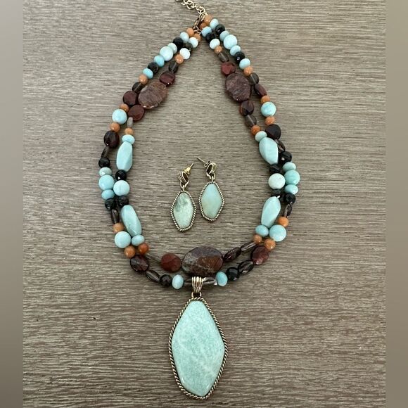 Barse Turquoise Aqua Blue Beaded Stone Pendant Necklace Earrings Set - Picture 1 of 5